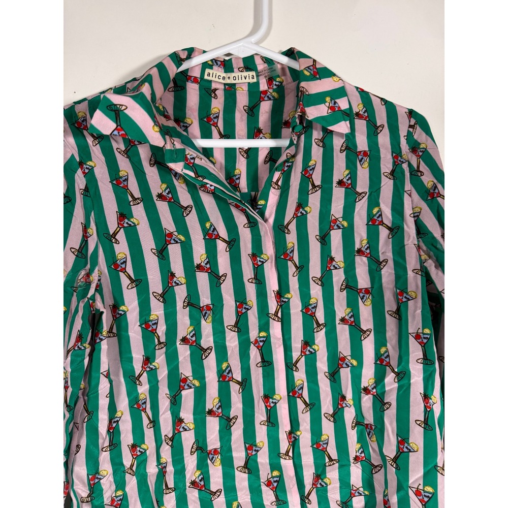 Alice + Olivia Pink Green Striped Martini Glass Print Blouse XS Long Sleeve